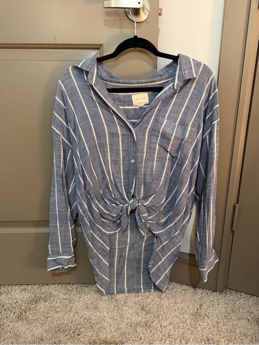 American Eagle Outfitters Blue & White Striped Tie-Front Button Down